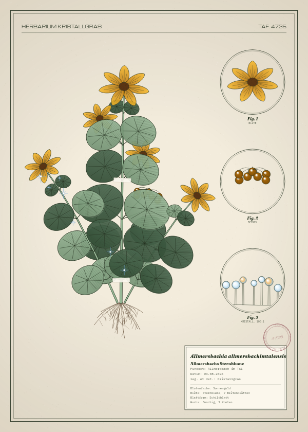 Botanische Tafel: Allmersbachia allmersbachimtalensis, eine erfundene Pflanze aus Allmersbach im Tal, gezeichnet wie in einem alten Pflanzenatlas