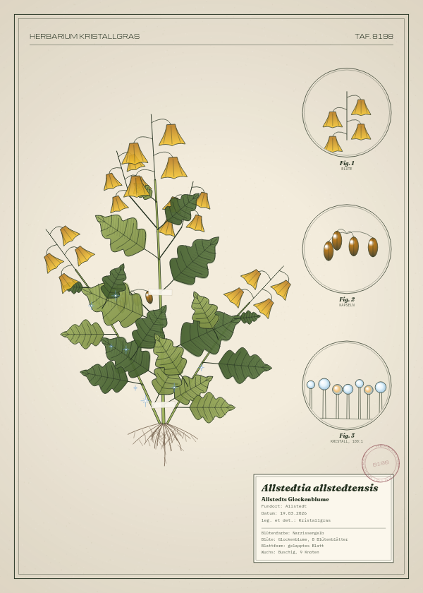 Botanische Tafel: Allstedtia allstedtensis, eine erfundene Pflanze aus Allstedt, gezeichnet wie in einem alten Pflanzenatlas