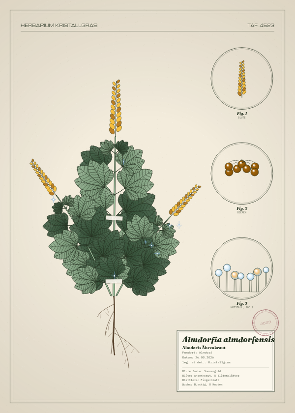 Botanische Tafel: Almdorfia almdorfensis, eine erfundene Pflanze aus Almdorf, gezeichnet wie in einem alten Pflanzenatlas