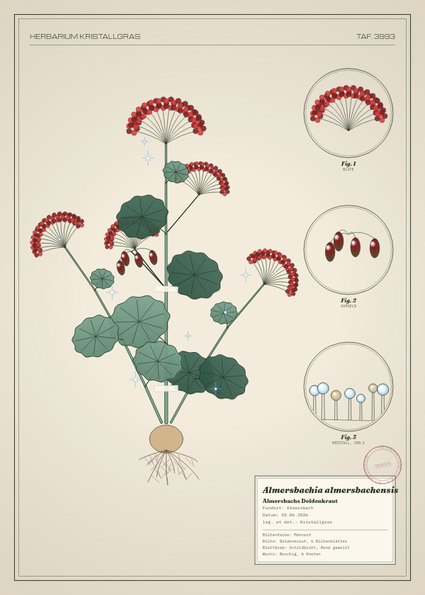 Botanische Tafel: Almersbachia almersbachensis, eine erfundene Pflanze aus Almersbach, gezeichnet wie in einem alten Pflanzenatlas