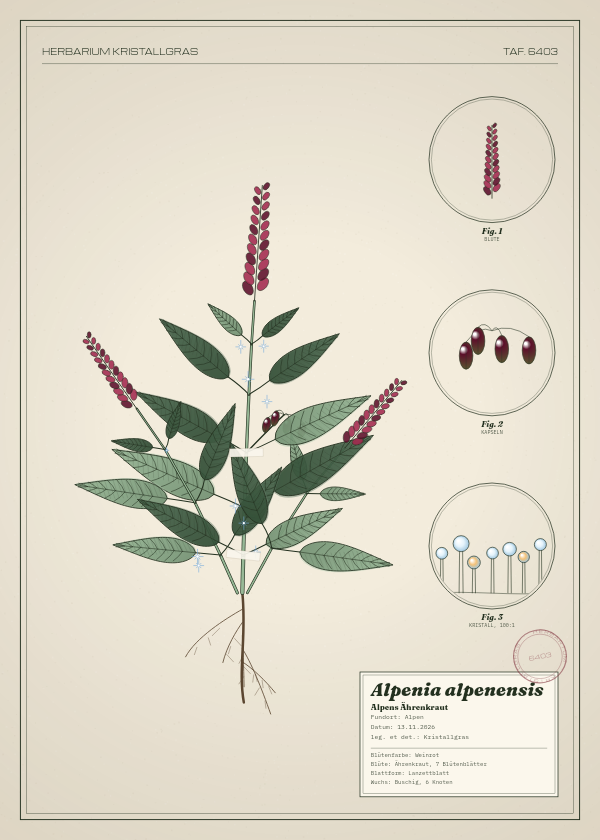 Botanische Tafel: Alpenia alpenensis, eine erfundene Pflanze aus Alpen, gezeichnet wie in einem alten Pflanzenatlas