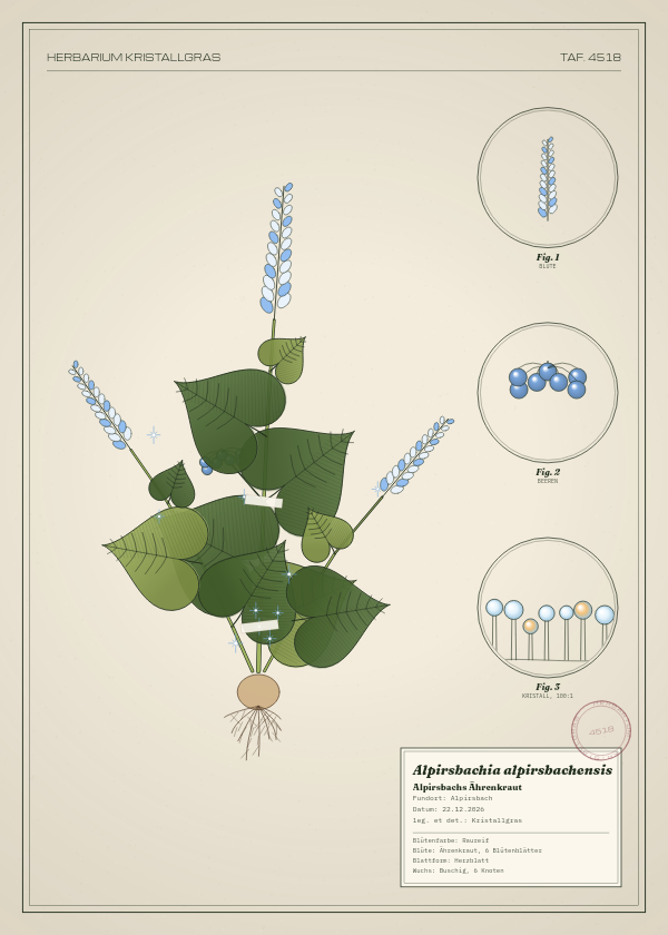 Botanische Tafel: Alpirsbachia alpirsbachensis, eine erfundene Pflanze aus Alpirsbach, gezeichnet wie in einem alten Pflanzenatlas