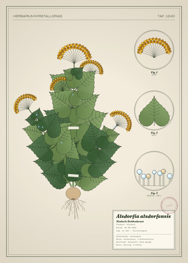 Botanische Tafel: Alsdorfia alsdorfensis, eine erfundene Pflanze aus Alsdorf, gezeichnet wie in einem alten Pflanzenatlas