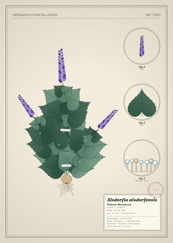Botanische Tafel: Alsdorfia alsdorfensis, eine erfundene Pflanze aus Alsdorf, gezeichnet wie in einem alten Pflanzenatlas