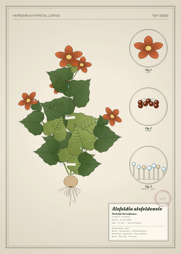 Botanische Tafel: Alsfeldia alsfeldensis, eine erfundene Pflanze aus Alsfeld, gezeichnet wie in einem alten Pflanzenatlas