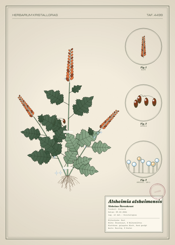 Botanische Tafel: Alsheimia alsheimensis, eine erfundene Pflanze aus Alsheim, gezeichnet wie in einem alten Pflanzenatlas