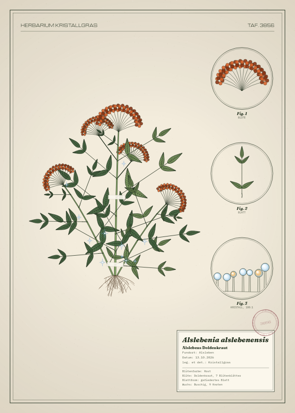 Botanische Tafel: Alslebenia alslebenensis, eine erfundene Pflanze aus Alsleben, gezeichnet wie in einem alten Pflanzenatlas