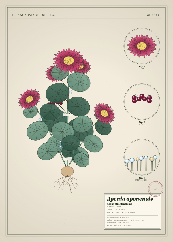 Botanische Tafel: Apenia apenensis, eine erfundene Pflanze aus Apen, gezeichnet wie in einem alten Pflanzenatlas