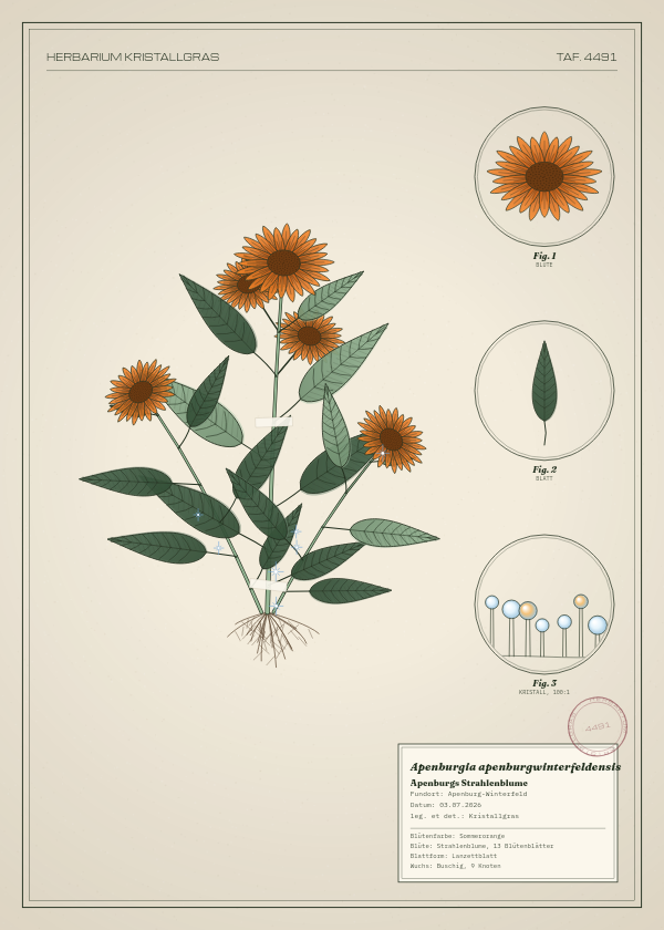 Botanische Tafel: Apenburgia apenburgwinterfeldensis, eine erfundene Pflanze aus Apenburg-Winterfeld, gezeichnet wie in einem alten Pflanzenatlas