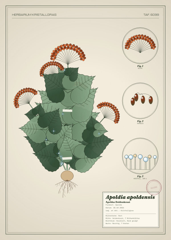 Botanische Tafel: Apoldia apoldensis, eine erfundene Pflanze aus Apolda, gezeichnet wie in einem alten Pflanzenatlas
