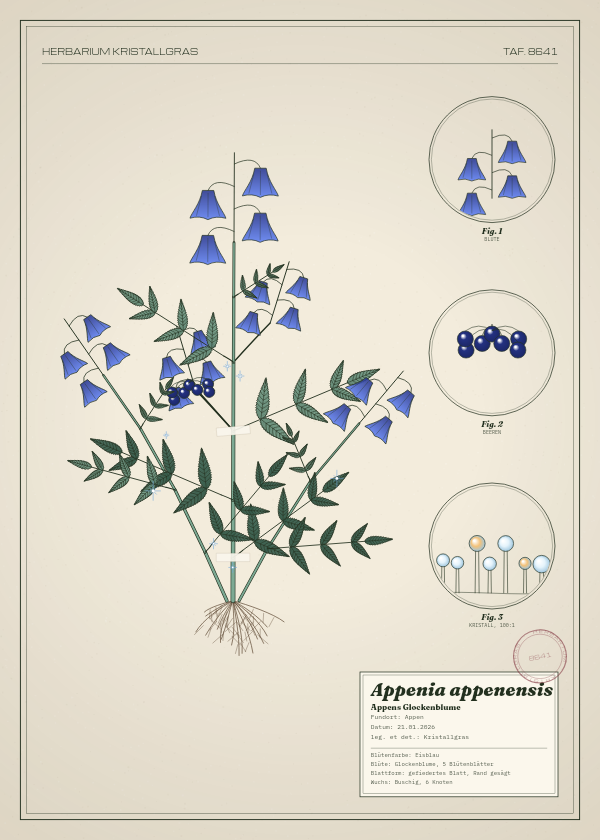 Botanische Tafel: Appenia appenensis, eine erfundene Pflanze aus Appen, gezeichnet wie in einem alten Pflanzenatlas