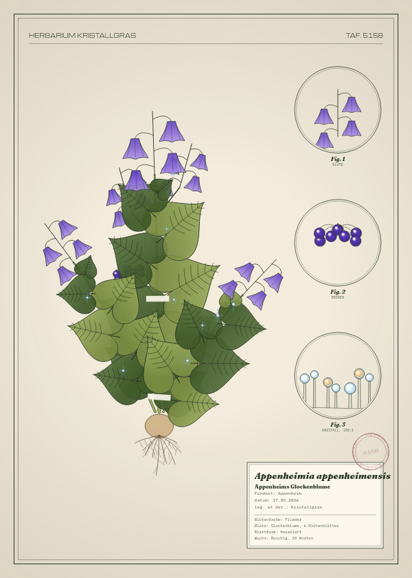 Botanische Tafel: Appenheimia appenheimensis, eine erfundene Pflanze aus Appenheim, gezeichnet wie in einem alten Pflanzenatlas