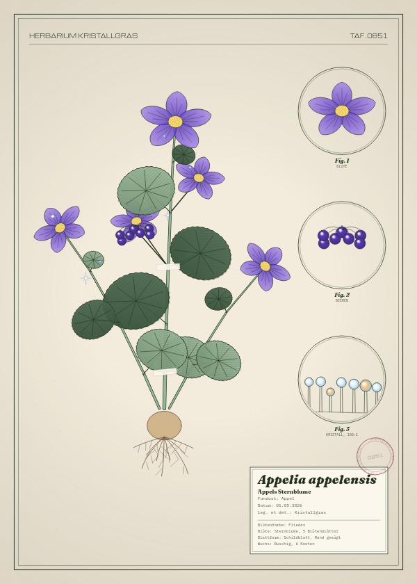 Botanische Tafel: Appelia appelensis, eine erfundene Pflanze aus Appel, gezeichnet wie in einem alten Pflanzenatlas