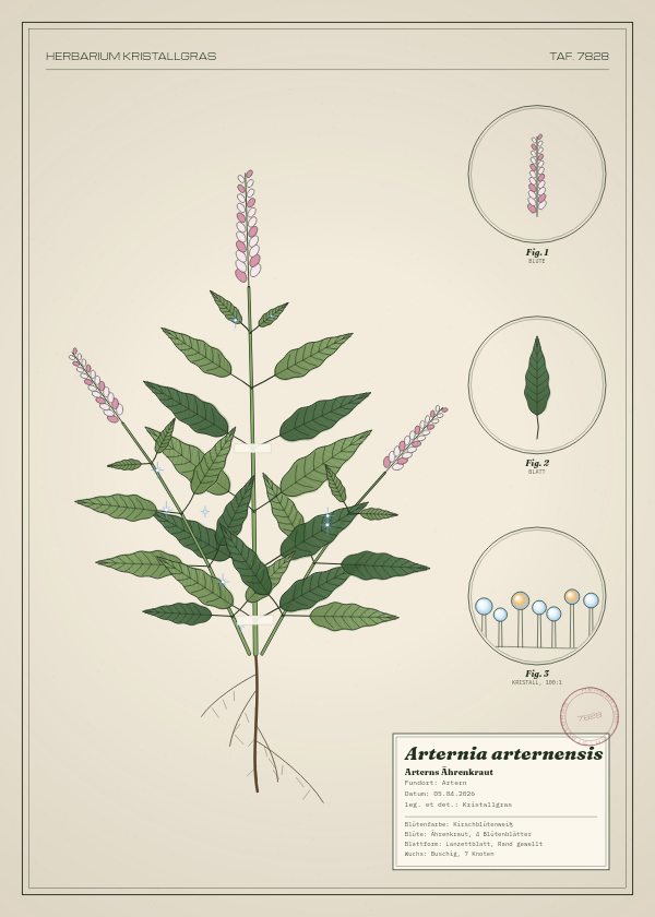 Botanische Tafel: Arternia arternensis, eine erfundene Pflanze aus Artern, gezeichnet wie in einem alten Pflanzenatlas