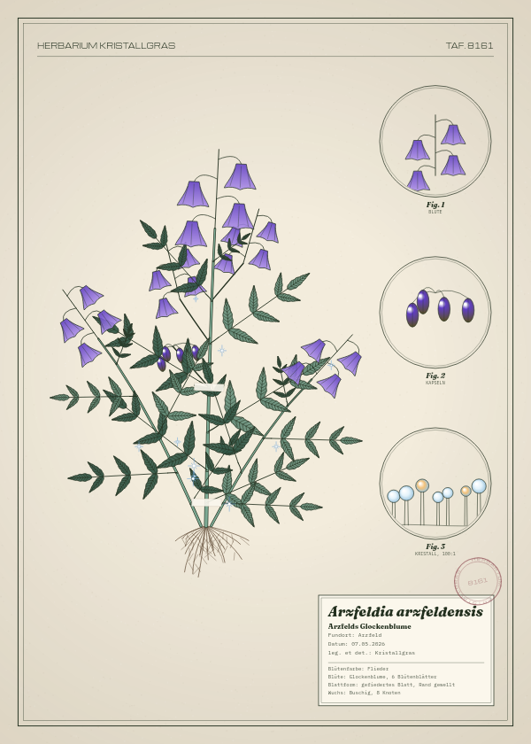 Botanische Tafel: Arzfeldia arzfeldensis, eine erfundene Pflanze aus Arzfeld, gezeichnet wie in einem alten Pflanzenatlas