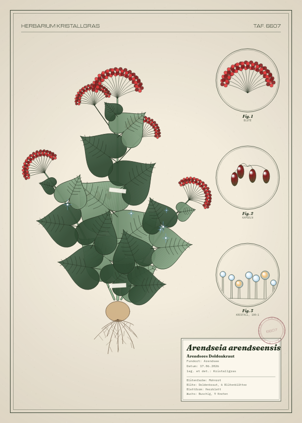 Botanische Tafel: Arendseia arendseensis, eine erfundene Pflanze aus Arendsee, gezeichnet wie in einem alten Pflanzenatlas