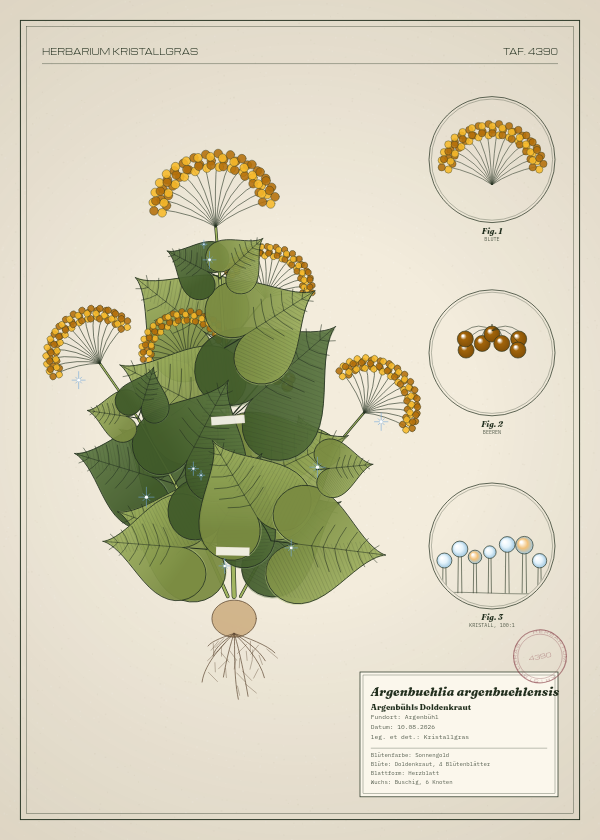 Botanische Tafel: Argenbuehlia argenbuehlensis, eine erfundene Pflanze aus Argenbühl, gezeichnet wie in einem alten Pflanzenatlas
