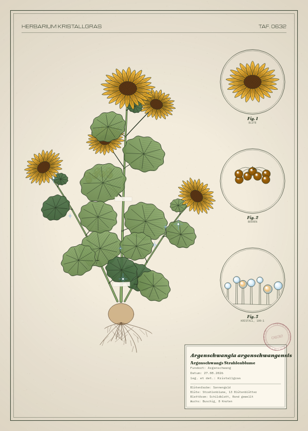 Botanische Tafel: Argenschwangia argenschwangensis, eine erfundene Pflanze aus Argenschwang, gezeichnet wie in einem alten Pflanzenatlas