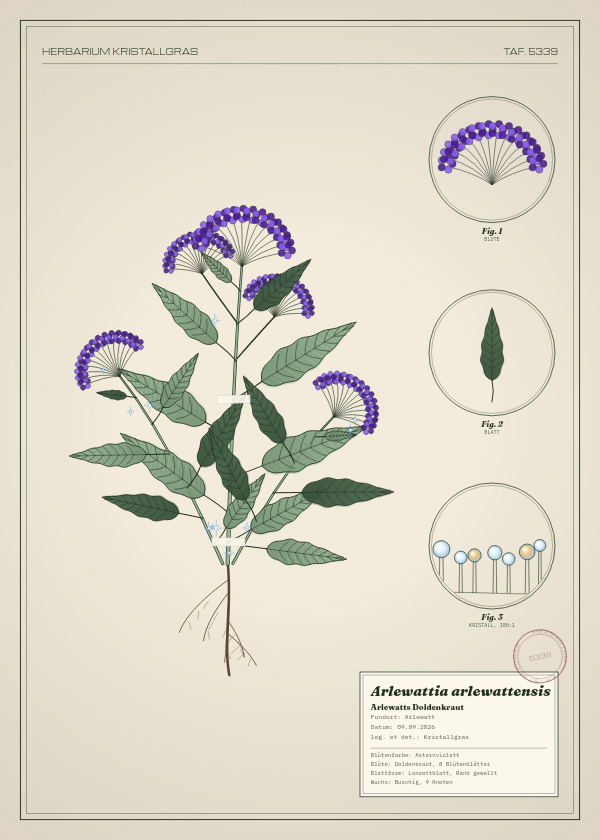 Botanische Tafel: Arlewattia arlewattensis, eine erfundene Pflanze aus Arlewatt, gezeichnet wie in einem alten Pflanzenatlas