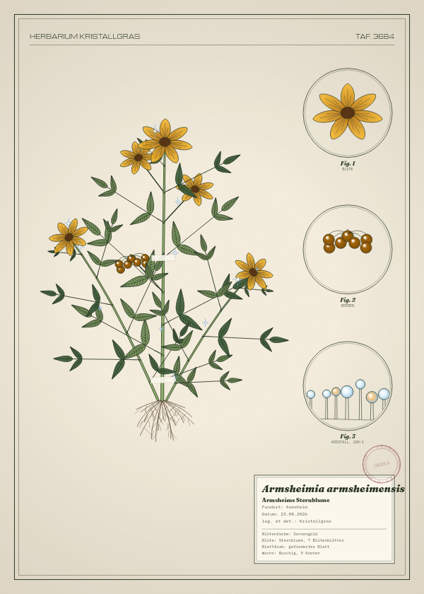 Botanische Tafel: Armsheimia armsheimensis, eine erfundene Pflanze aus Armsheim, gezeichnet wie in einem alten Pflanzenatlas