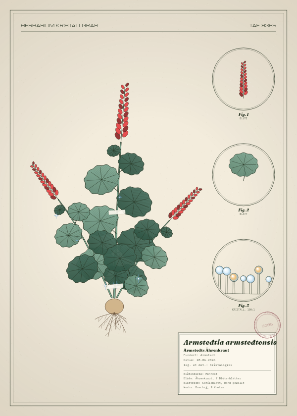 Botanische Tafel: Armstedtia armstedtensis, eine erfundene Pflanze aus Armstedt, gezeichnet wie in einem alten Pflanzenatlas