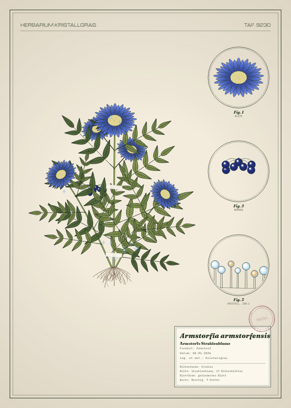 Botanische Tafel: Armstorfia armstorfensis, eine erfundene Pflanze aus Armstorf, gezeichnet wie in einem alten Pflanzenatlas