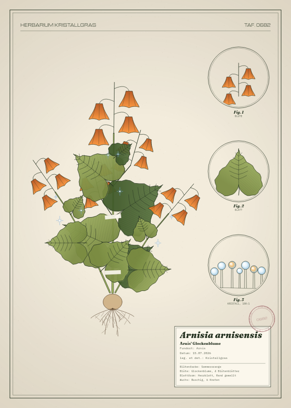 Botanische Tafel: Arnisia arnisensis, eine erfundene Pflanze aus Arnis, gezeichnet wie in einem alten Pflanzenatlas