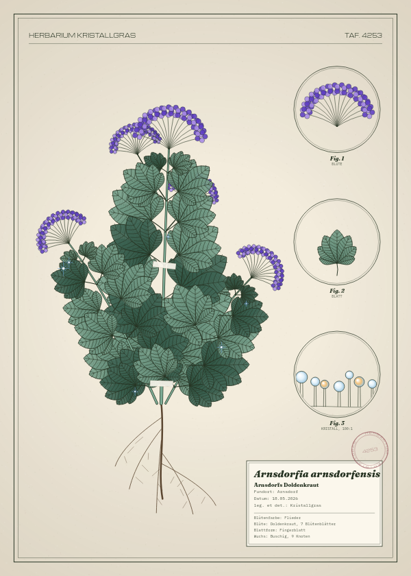 Botanische Tafel: Arnsdorfia arnsdorfensis, eine erfundene Pflanze aus Arnsdorf, gezeichnet wie in einem alten Pflanzenatlas