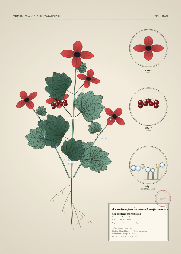 Botanische Tafel: Arnshoefenia arnshoefenensis, eine erfundene Pflanze aus Arnshöfen, gezeichnet wie in einem alten Pflanzenatlas
