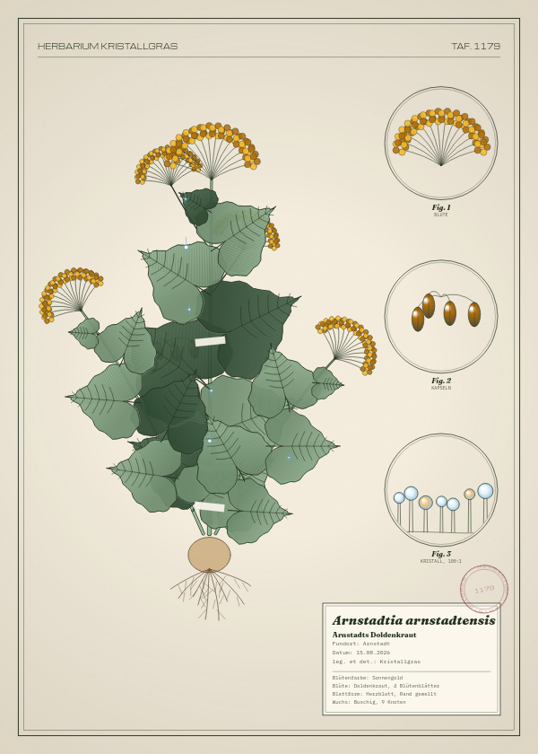 Botanische Tafel: Arnstadtia arnstadtensis, eine erfundene Pflanze aus Arnstadt, gezeichnet wie in einem alten Pflanzenatlas
