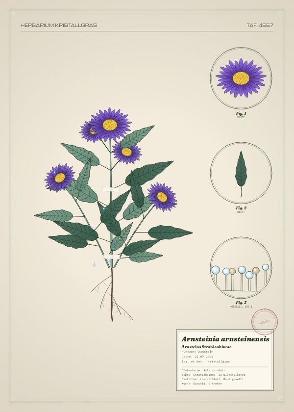 Botanische Tafel: Arnsteinia arnsteinensis, eine erfundene Pflanze aus Arnstein, gezeichnet wie in einem alten Pflanzenatlas