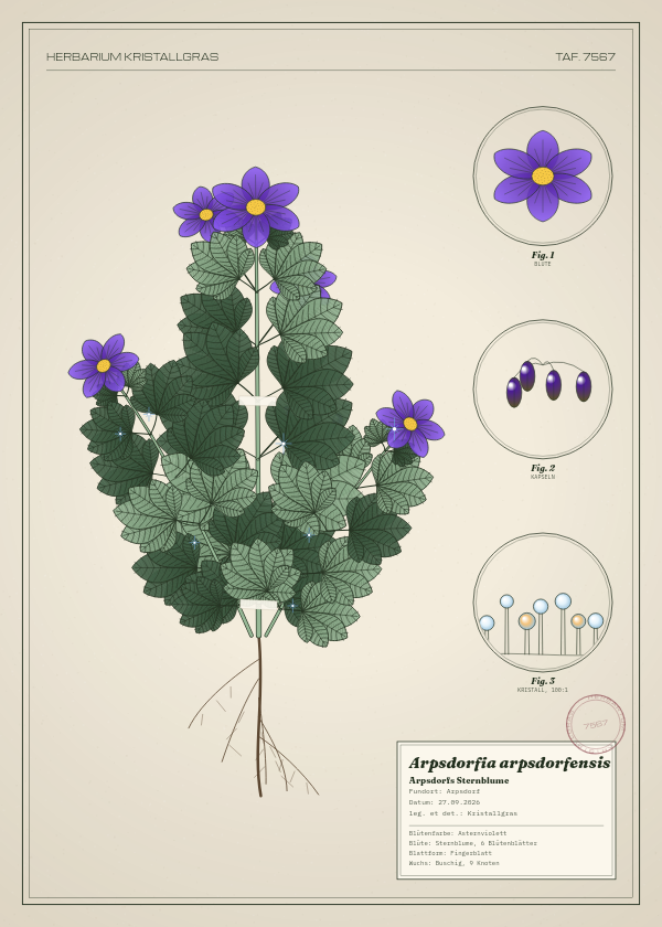 Botanische Tafel: Arpsdorfia arpsdorfensis, eine erfundene Pflanze aus Arpsdorf, gezeichnet wie in einem alten Pflanzenatlas