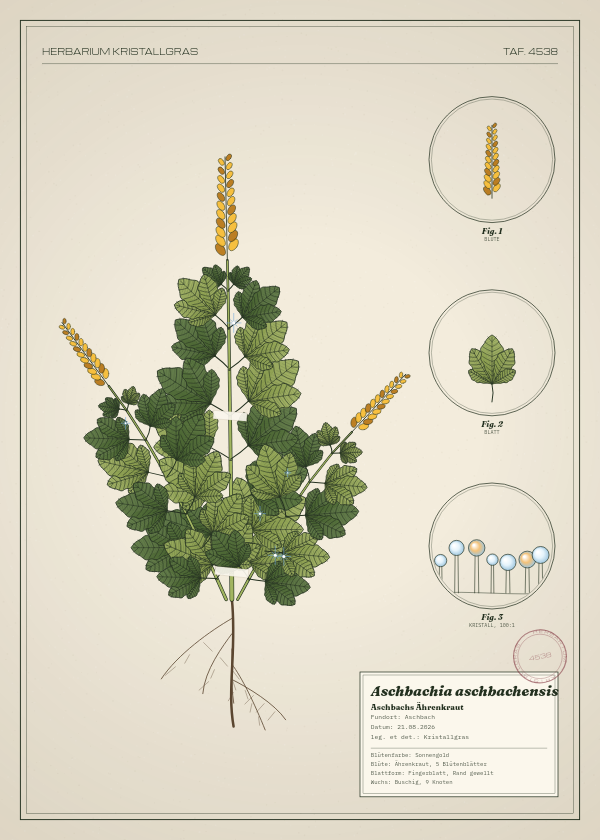 Botanische Tafel: Aschbachia aschbachensis, eine erfundene Pflanze aus Aschbach, gezeichnet wie in einem alten Pflanzenatlas