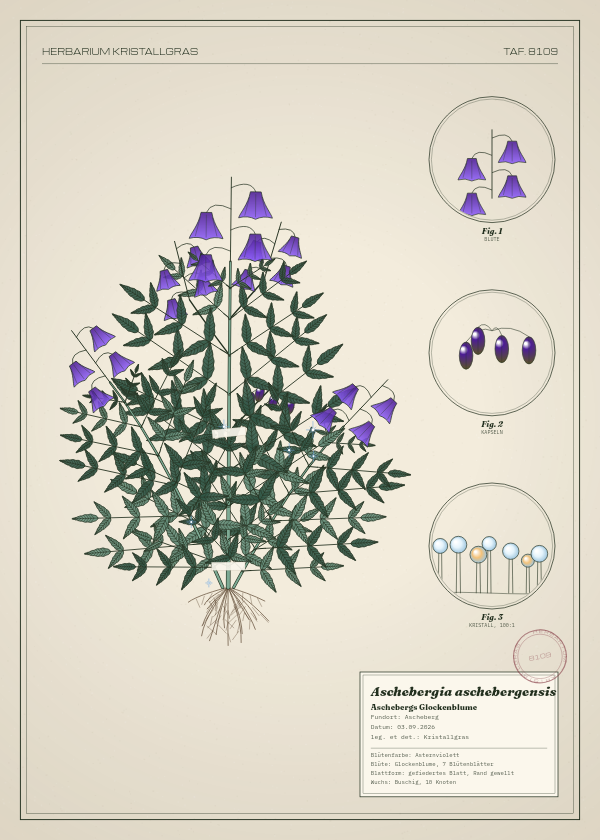 Botanische Tafel: Aschebergia aschebergensis, eine erfundene Pflanze aus Ascheberg, gezeichnet wie in einem alten Pflanzenatlas