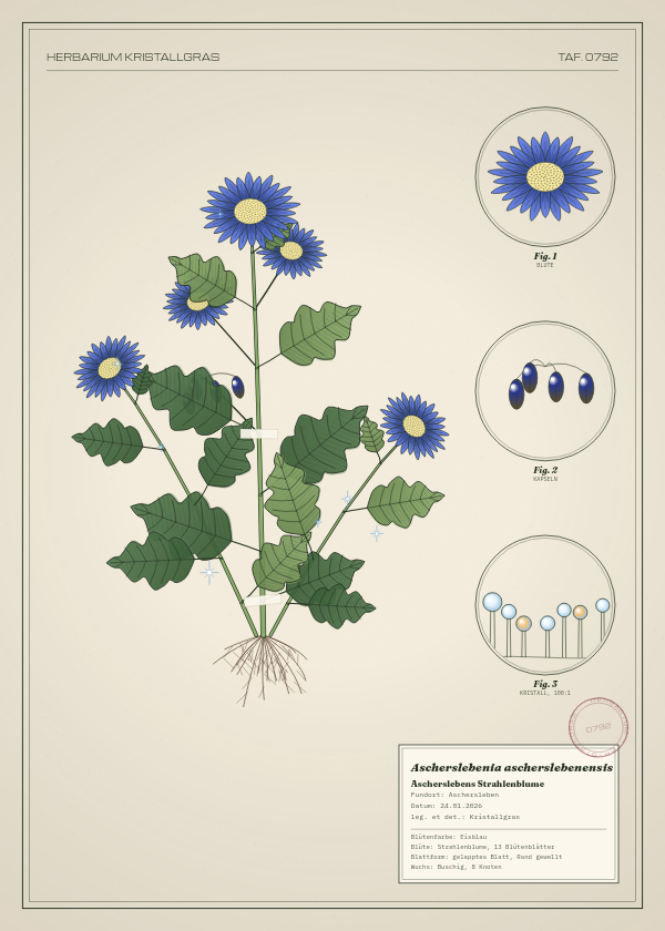 Botanische Tafel: Ascherslebenia ascherslebenensis, eine erfundene Pflanze aus Aschersleben, gezeichnet wie in einem alten Pflanzenatlas