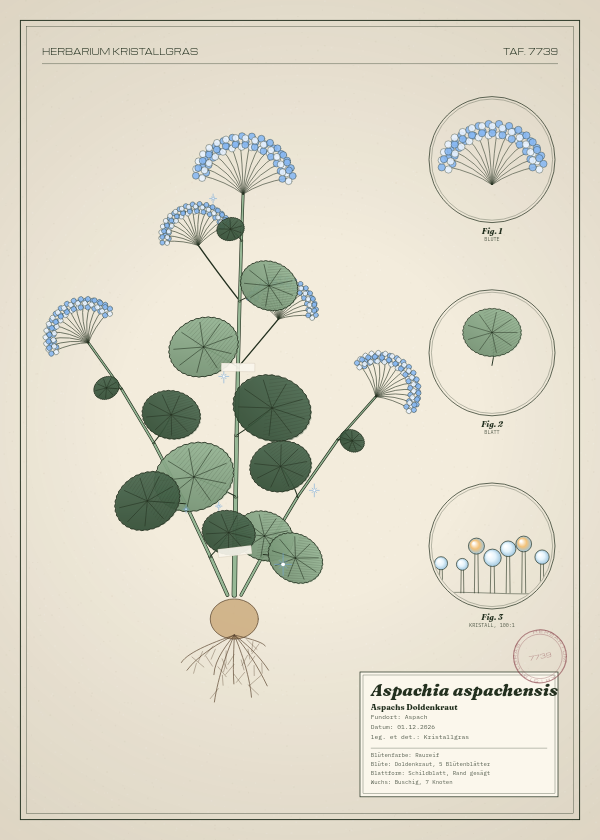 Botanische Tafel: Aspachia aspachensis, eine erfundene Pflanze aus Aspach, gezeichnet wie in einem alten Pflanzenatlas