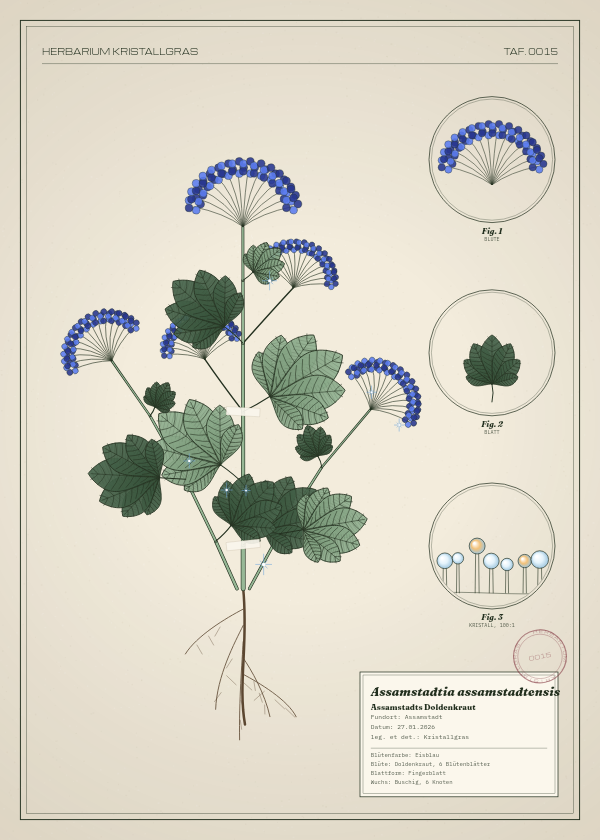 Botanische Tafel: Assamstadtia assamstadtensis, eine erfundene Pflanze aus Assamstadt, gezeichnet wie in einem alten Pflanzenatlas