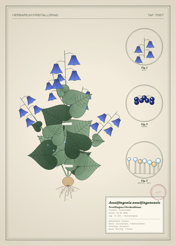 Botanische Tafel: Asselfingenia asselfingenensis, eine erfundene Pflanze aus Asselfingen, gezeichnet wie in einem alten Pflanzenatlas