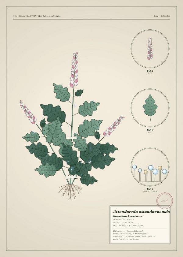 Botanische Tafel: Attendornia attendornensis, eine erfundene Pflanze aus Attendorn, gezeichnet wie in einem alten Pflanzenatlas