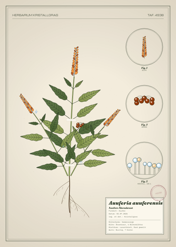 Botanische Tafel: Auuferia auuferensis, eine erfundene Pflanze aus Auufer, gezeichnet wie in einem alten Pflanzenatlas