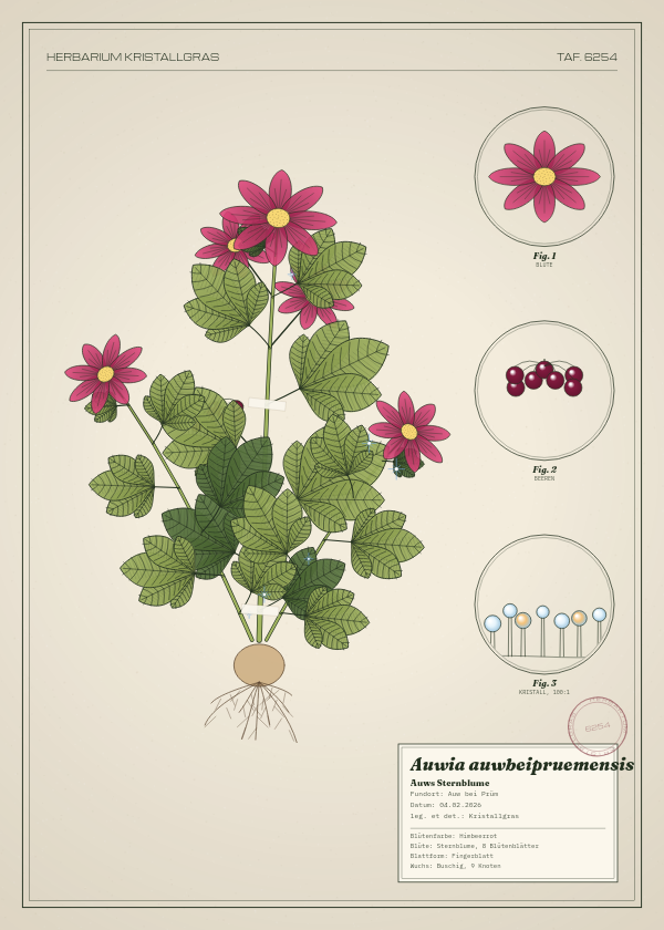 Botanische Tafel: Auwia auwbeipruemensis, eine erfundene Pflanze aus Auw bei Prüm, gezeichnet wie in einem alten Pflanzenatlas