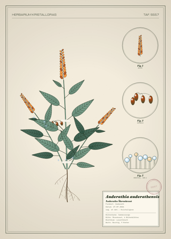 Botanische Tafel: Auderathia auderathensis, eine erfundene Pflanze aus Auderath, gezeichnet wie in einem alten Pflanzenatlas