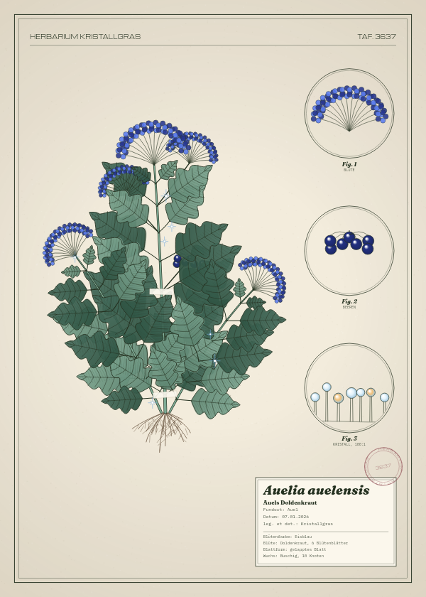 Botanische Tafel: Auelia auelensis, eine erfundene Pflanze aus Auel, gezeichnet wie in einem alten Pflanzenatlas