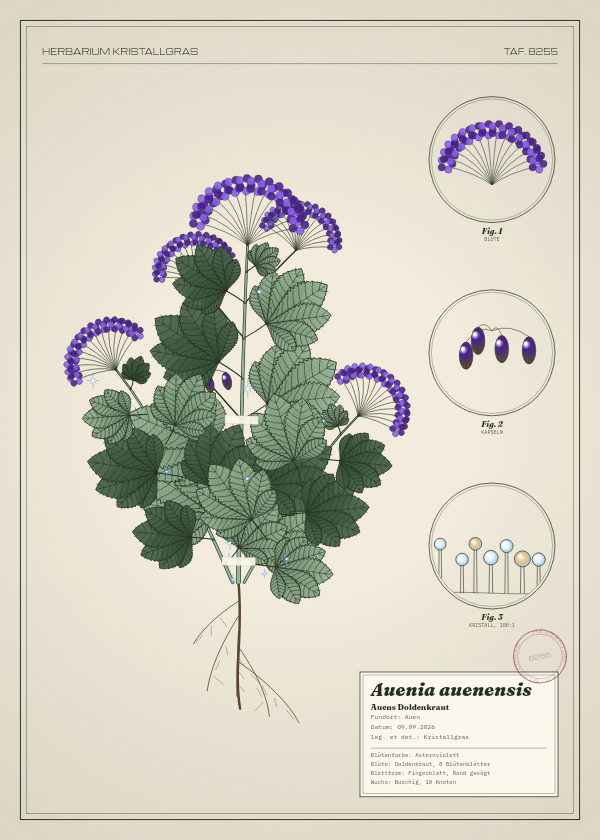 Botanische Tafel: Auenia auenensis, eine erfundene Pflanze aus Auen, gezeichnet wie in einem alten Pflanzenatlas
