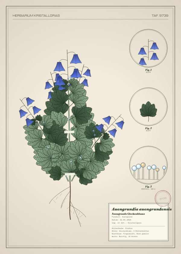 Botanische Tafel: Auengrundia auengrundensis, eine erfundene Pflanze aus Auengrund, gezeichnet wie in einem alten Pflanzenatlas