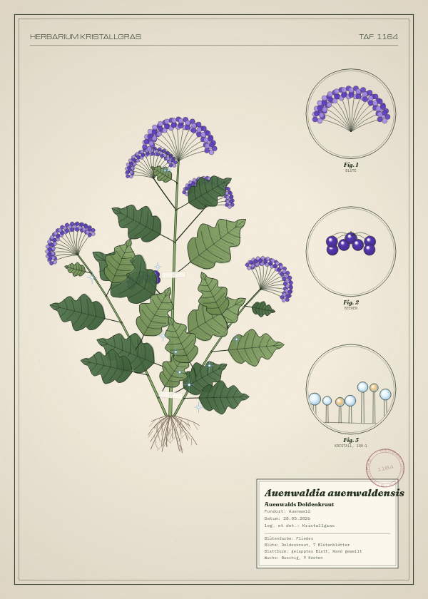 Botanische Tafel: Auenwaldia auenwaldensis, eine erfundene Pflanze aus Auenwald, gezeichnet wie in einem alten Pflanzenatlas