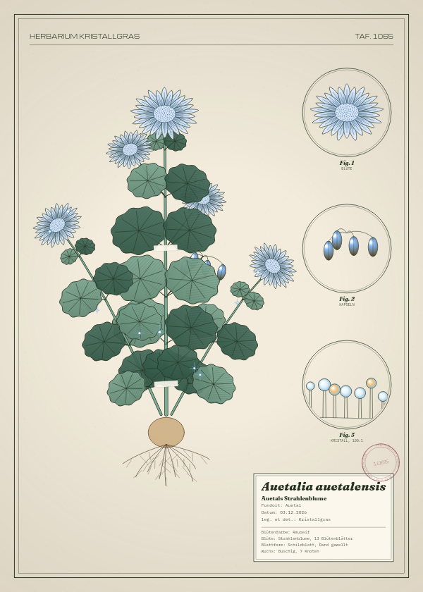 Botanische Tafel: Auetalia auetalensis, eine erfundene Pflanze aus Auetal, gezeichnet wie in einem alten Pflanzenatlas