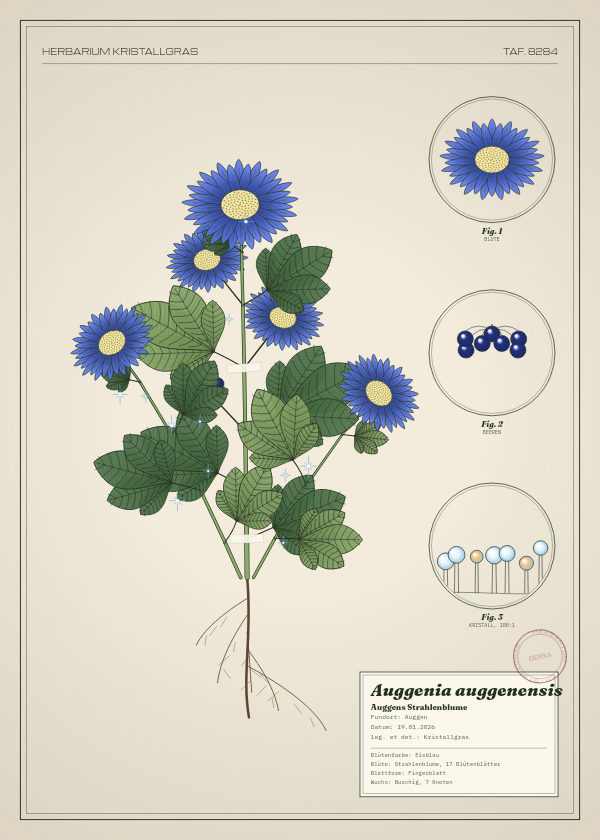 Botanische Tafel: Auggenia auggenensis, eine erfundene Pflanze aus Auggen, gezeichnet wie in einem alten Pflanzenatlas