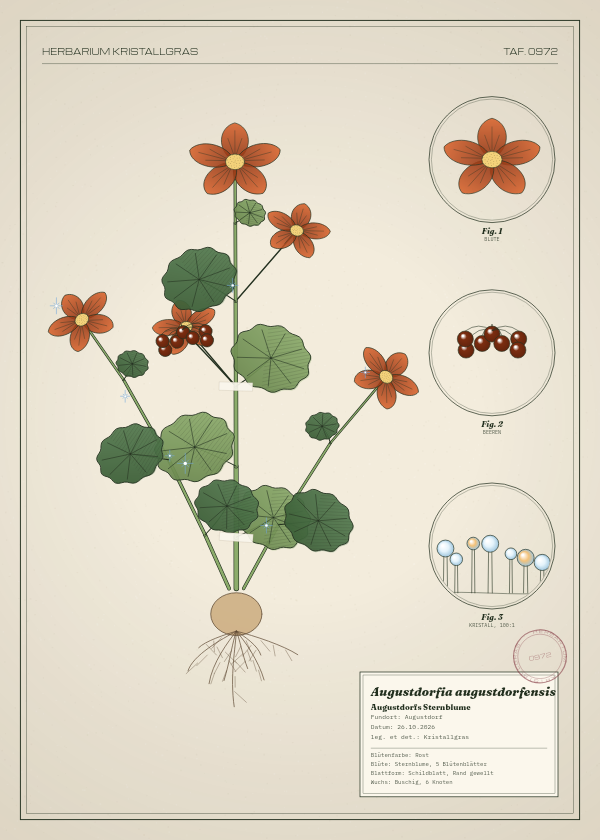 Botanische Tafel: Augustdorfia augustdorfensis, eine erfundene Pflanze aus Augustdorf, gezeichnet wie in einem alten Pflanzenatlas