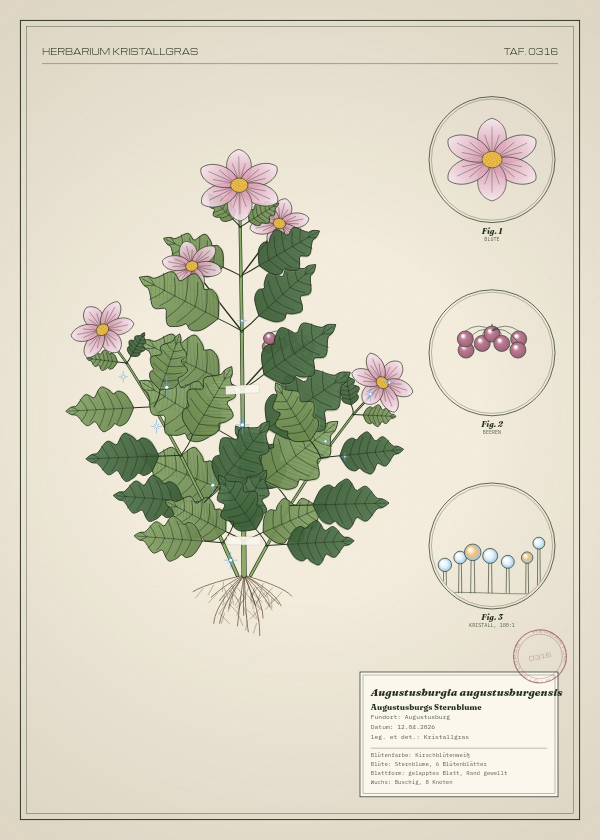 Botanische Tafel: Augustusburgia augustusburgensis, eine erfundene Pflanze aus Augustusburg, gezeichnet wie in einem alten Pflanzenatlas